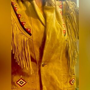 Fringed Suede Jacket with Red &Black Beadwork Accents, Size xL